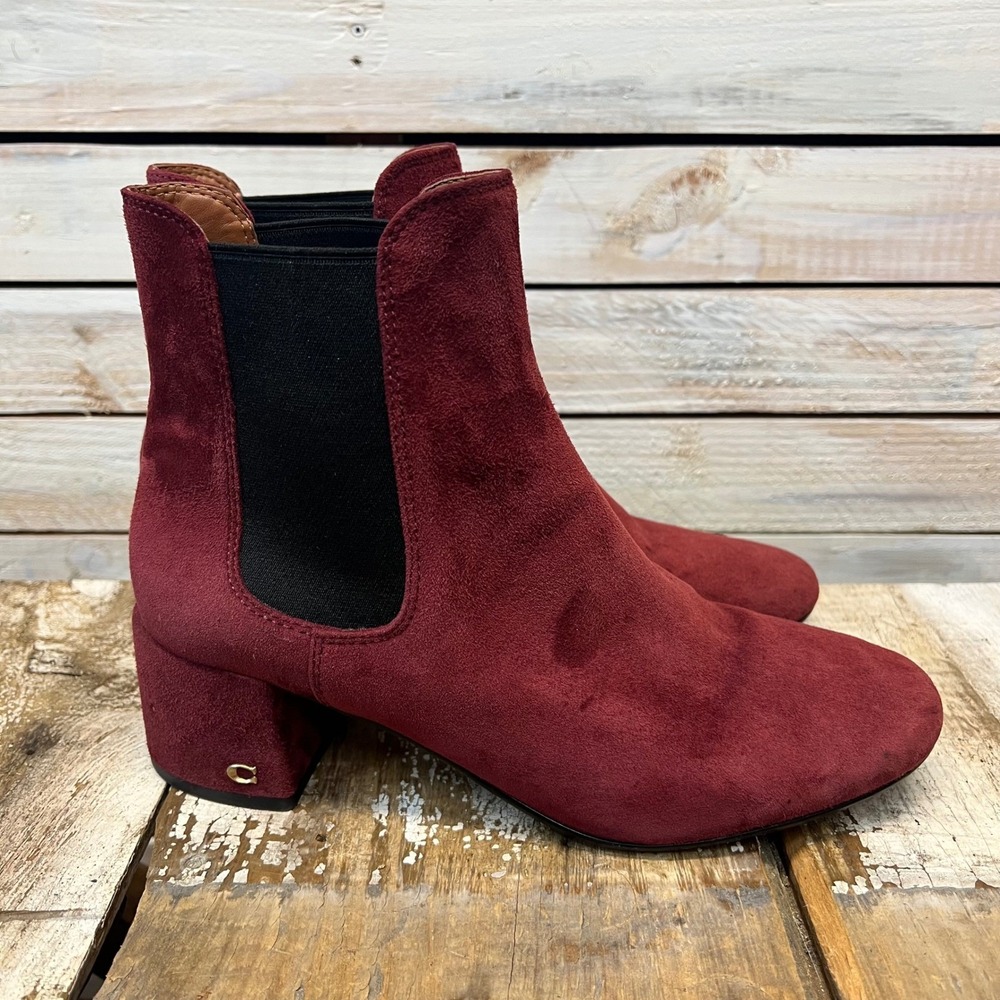 Coach Tia Suede Ankle Boots Wine Block Heel Chelsea Boots Women 8
